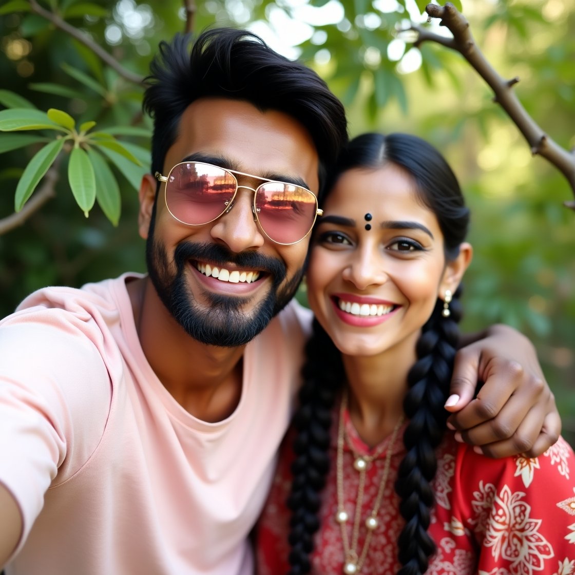 A happy Indian couple taking a close-up selfie outdoors, smiling warmly. The man wears sunglasses and a casual t-shirt, while the woman wears a traditional red outfit with braids and a bindi.