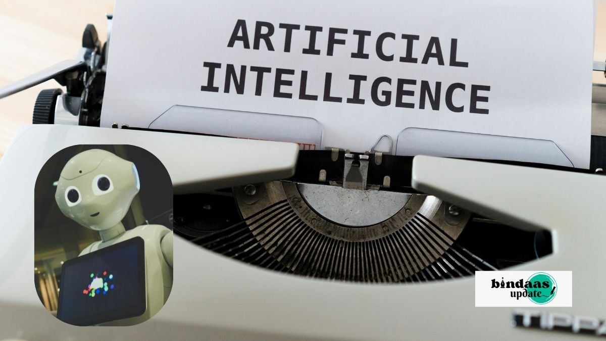 Bindaas Update visual with typewriter, AI, and robot, highlighting ChatGPT’s role in UAE AI, OpenAI Partnership, Stargate UAE, and ChatGPT Plus subscription service.” A humanoid robot with a tablet showing colorful graphics A close-up of a typewriter with "ARTIFICIAL INTELLIGENCE" written on paper A typewriter and robot image combination with "bindass update" logo